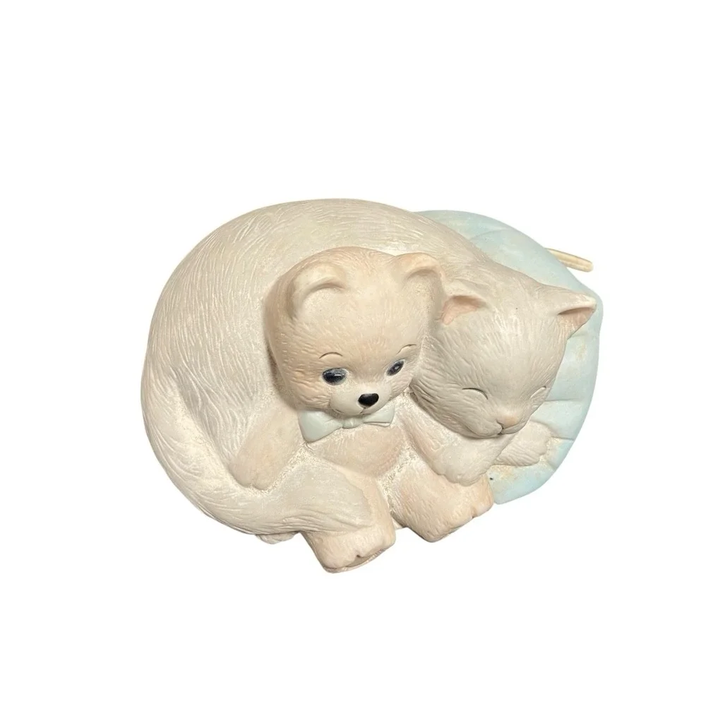 Vintage Ceramic Cat In Bed With Bear Light Cottagecore Small Table Lamp Works